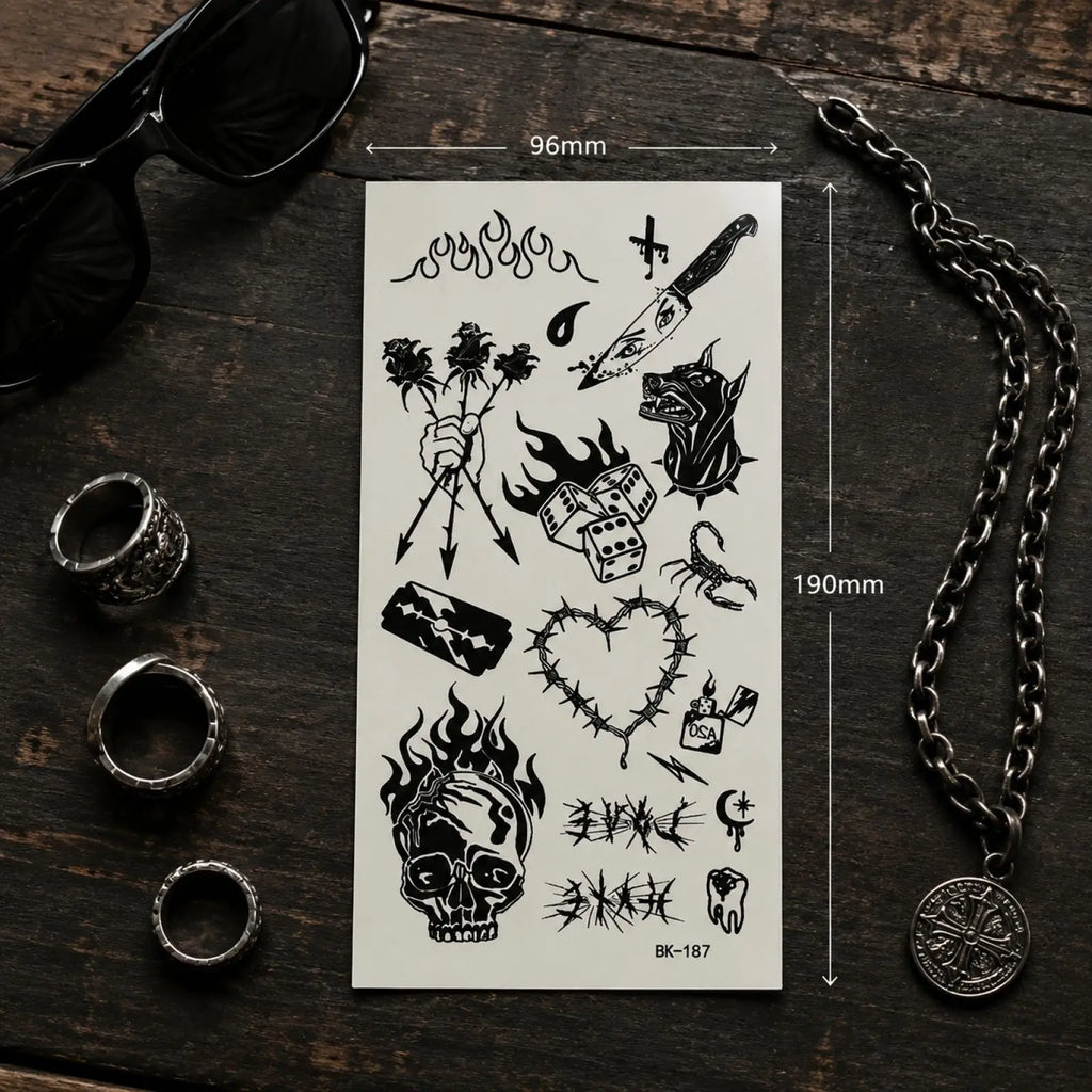 Ghoic Skull & Flower Temporary Tattoos – Sketch Body Art Temporary Tattoo Stickers Qme