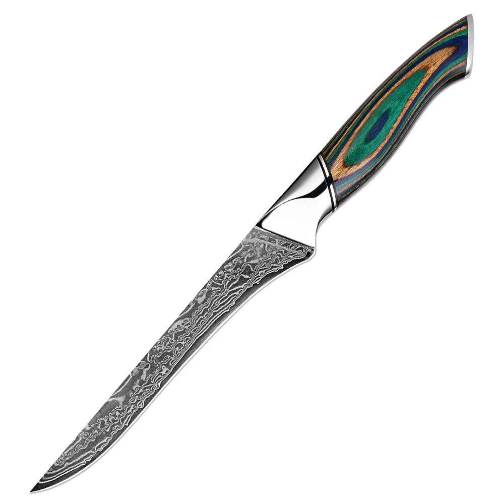 Xituo Damascus Steel Chef Knife Set – Green Wood Handle Chef Knife Set Qst Boning Knife