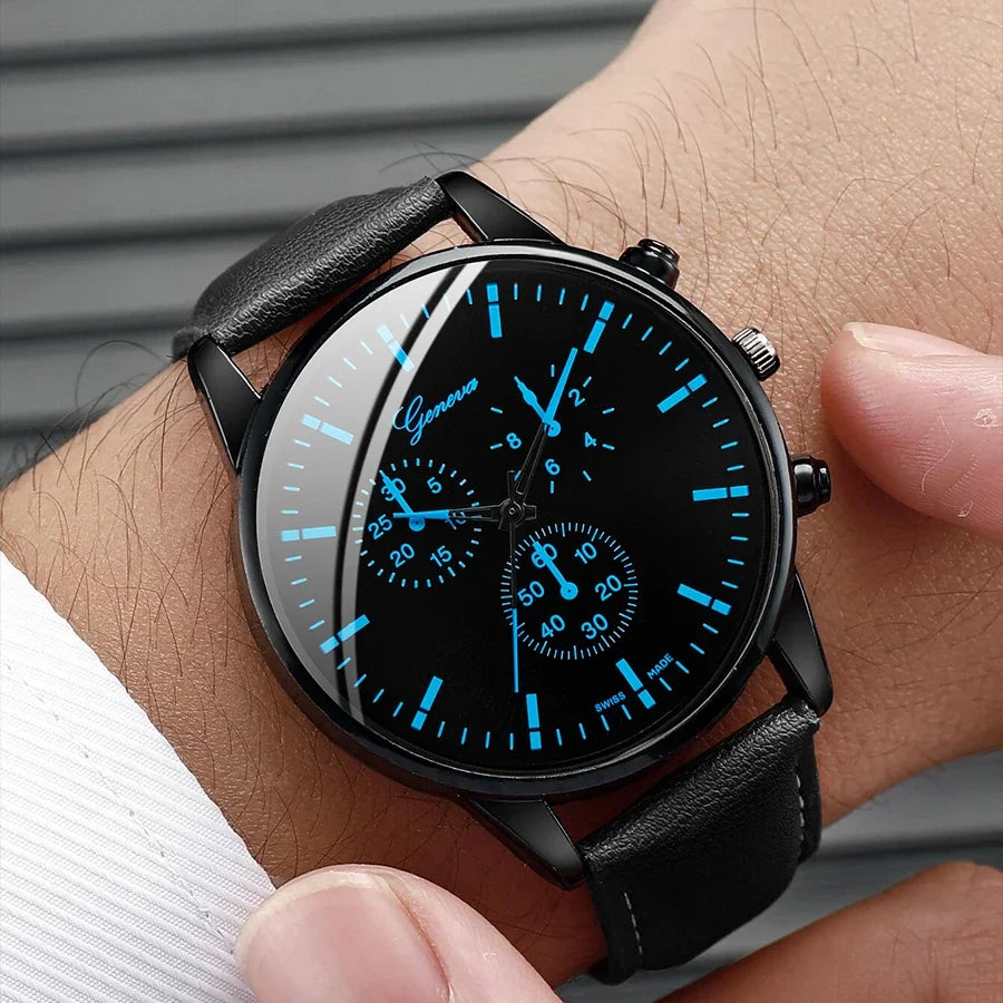 GENEVA Three-Hand Chronograph Men's Watch – Black Leather Men's Chronograph Watch Qme