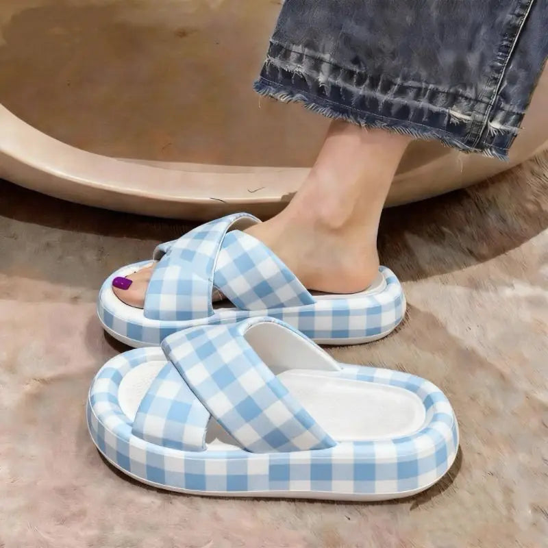 Women's Plaid Cross-Strap Platform Slides | Summer Beach Sandals Platform Slides Qst