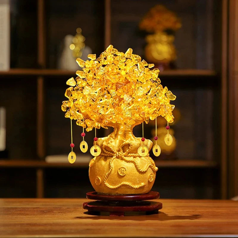 Yellow Crystal Money Tree Bonsai Feng Shui Wealth Ornament Decorative Ornament Qme