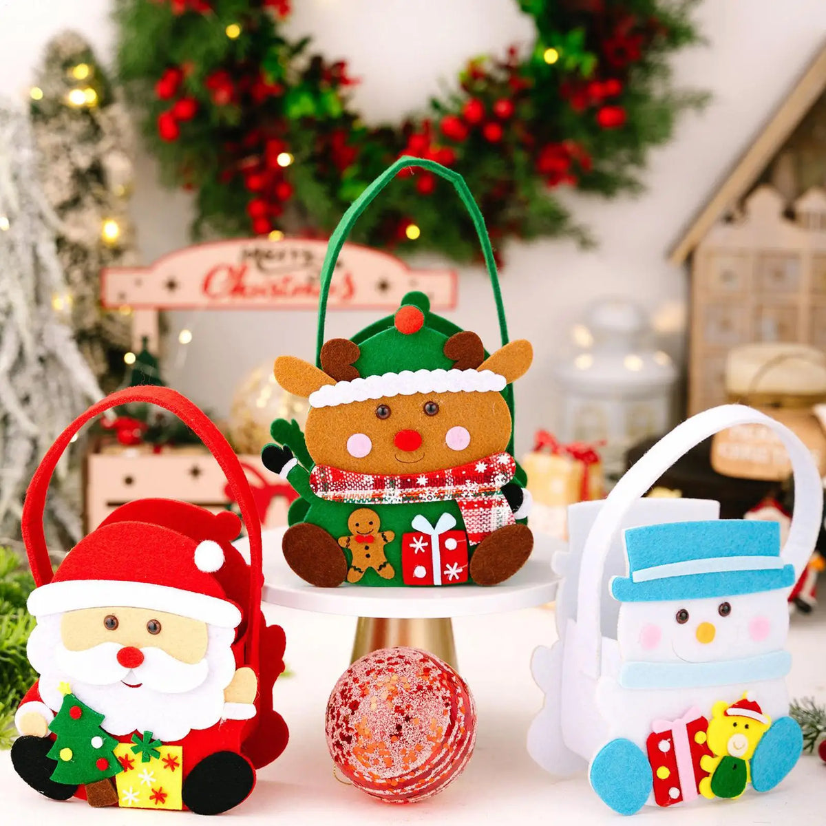 Christmas Party Favor Bags with Handle – Set of 3 Fabric Baskets Holiday Favor Bags Qme