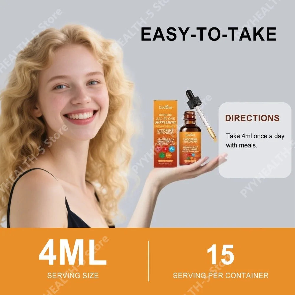 Docteat Skin Support Drops – Lycopene, Astaxanthin, Vitamins A D3 E Liquid Skin Supplement Qst
