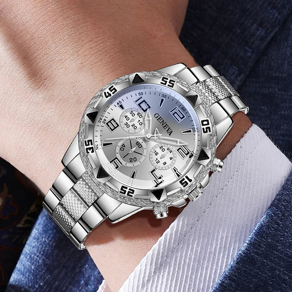 Geneva Silver Plate Men's Diamond Dial Steel Strap Watch Men's Fashion Watch Qme
