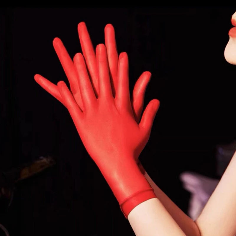 Women's Oil Glossy Ultra-Thin Elastic Wrist Gloves Fashion Wrist Gloves Qst red round edge