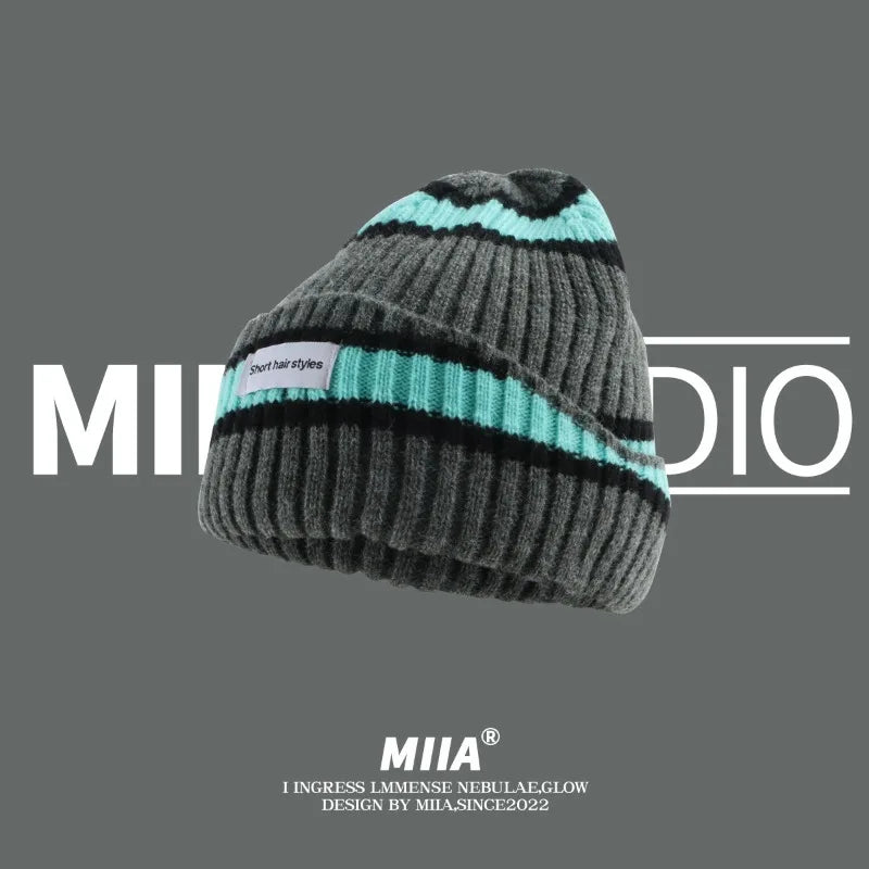 Striped Knit Beanie Hat – Warm Acrylic, 10 Colors Knit Beanie Hat Qme
