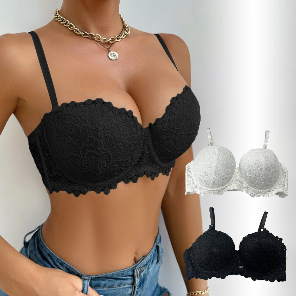 Zeriluna Lace Push-Up Underwire Bra – Detachable Straps, Deep V Push-Up Lace Bra Qst