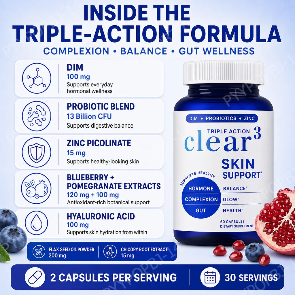Clear³ Skin Supplement with DIM, Probiotics & Zinc – 60 Capsules Skin Support Supplement Qst