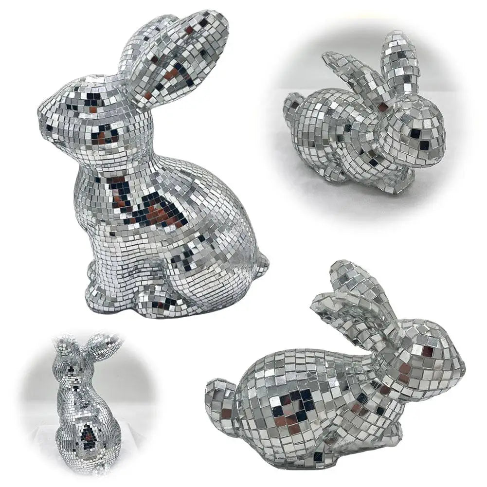 Mirror Disco Ball Bunny Figurine | Easter Rabbit Desk Ornament Decorative Figurine Qme