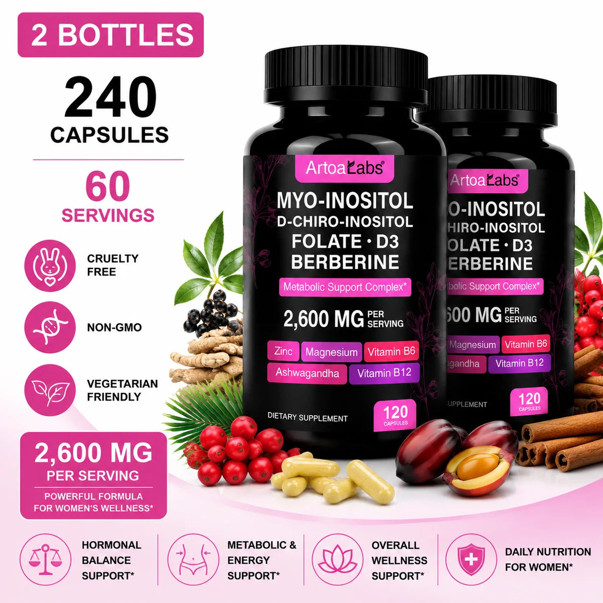 Myo Inositol D-Chiro Berberine Ashwagandha Women's Capsules 120ct Women's Wellness Supplement Qst 120 Caps-2 bottles