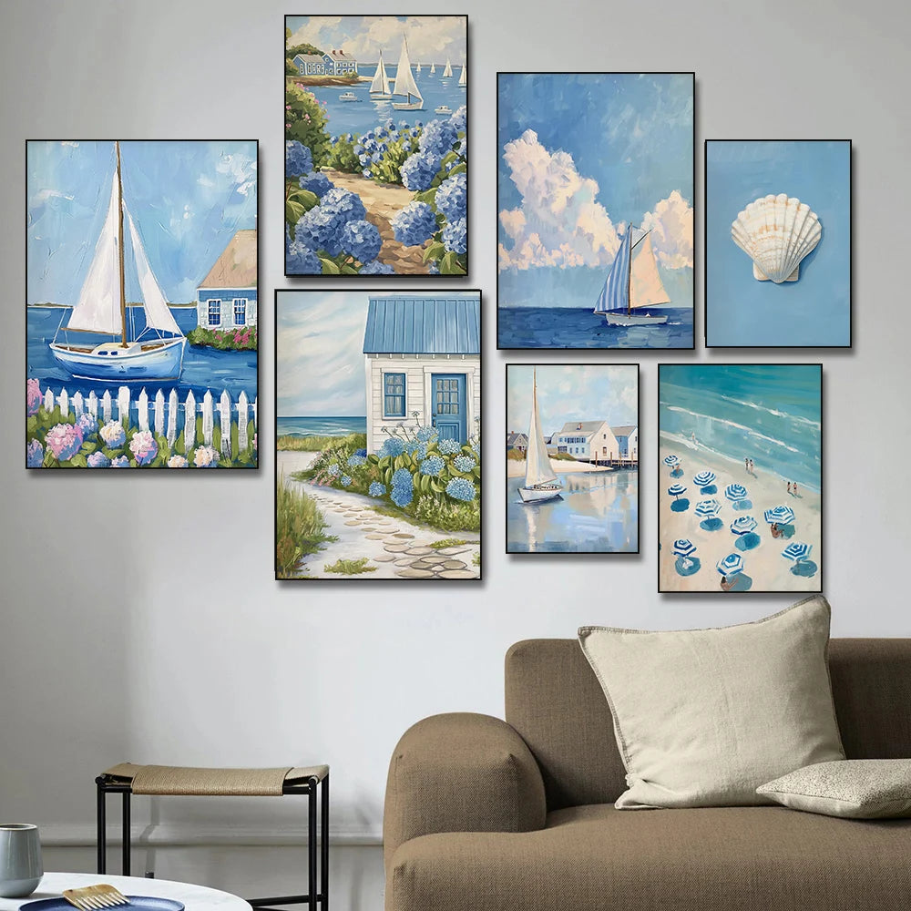 Vintage Coastal Beach Canvas Wall Art – Sailboat & Seashell Canvas Wall Art Qst