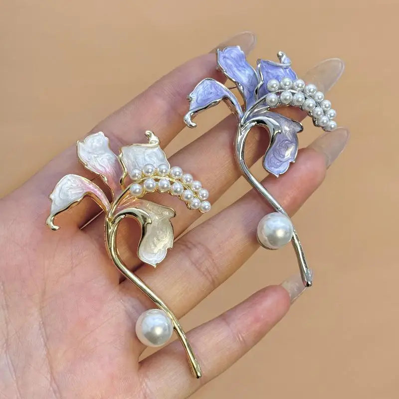 Enamel Pearl Lily Flower Brooch Pin for Women – 3 Colors Flower Brooch Pin Qme