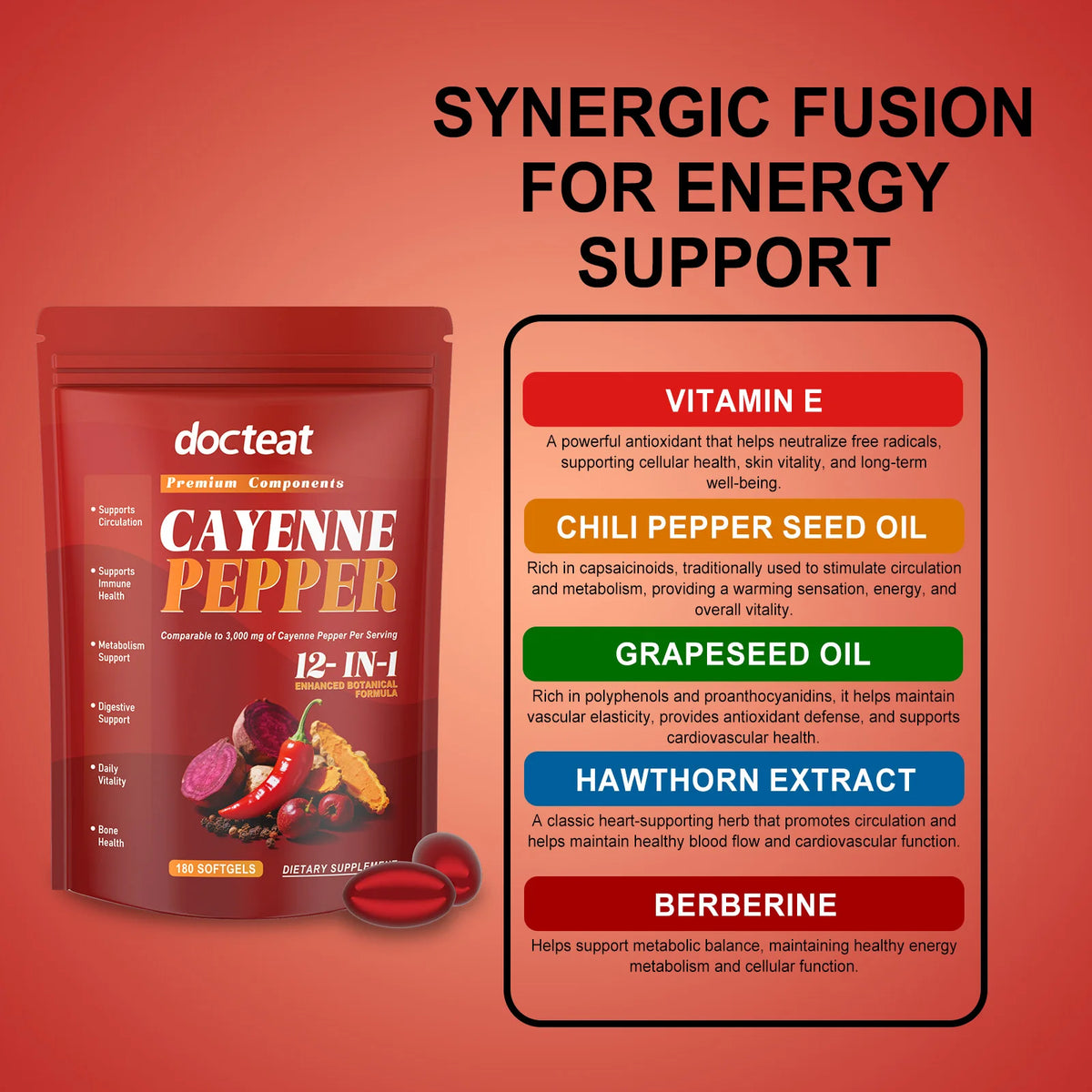 Cayenne Pepper Softgels – Cardiovascular & Energy Support 180ct Herbal Supplement Qst
