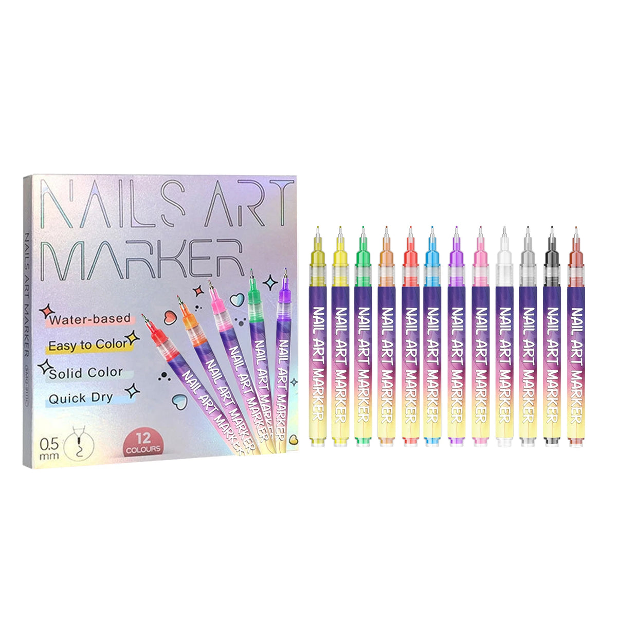12-Color Nail Art Graffiti Pen Set – Waterproof Fine Tip Nail Art Markers Qst 12pc Boxed