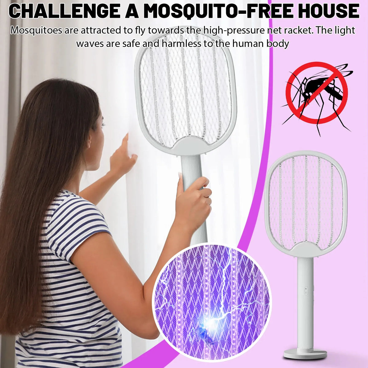 Rechargeable Folding Mosquito Swatter 2-in-1 Bug Zapper Trap Electric Mosquito Swatter Qme as show
