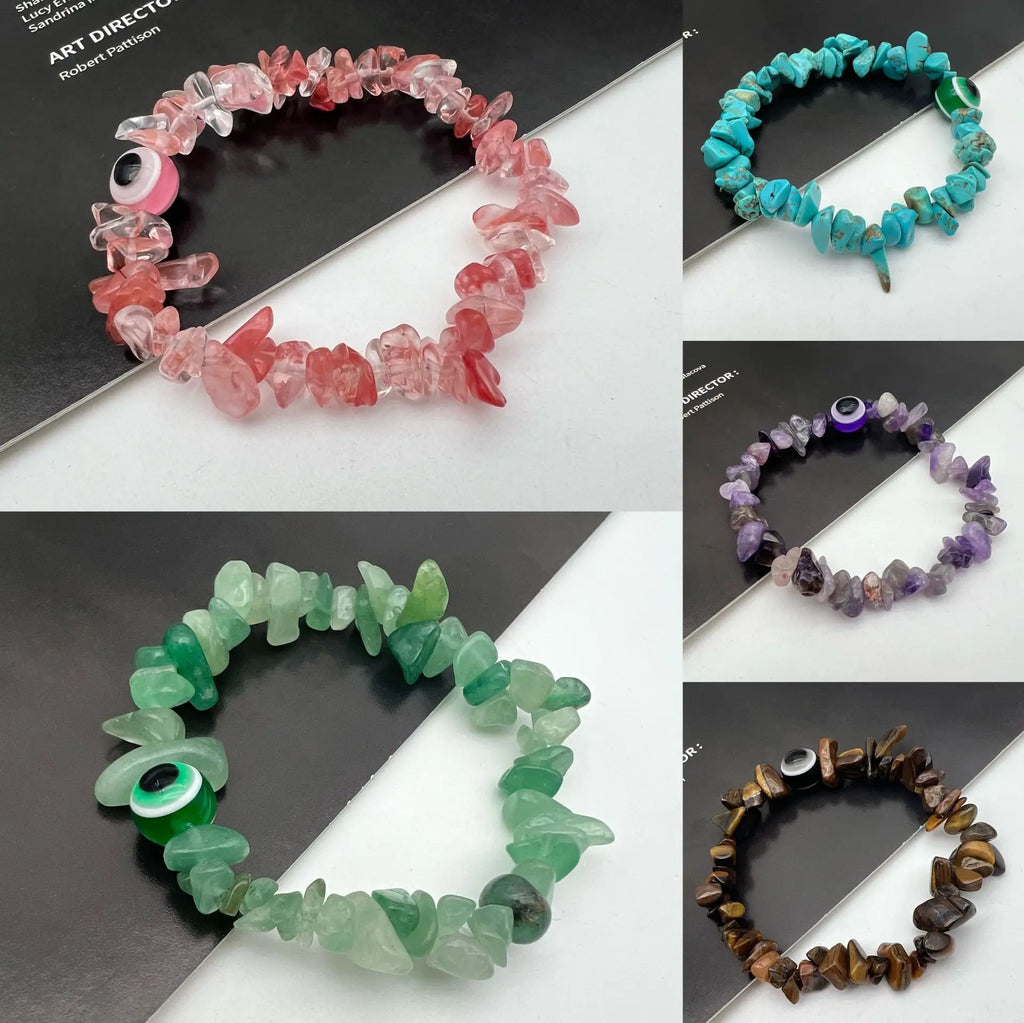 Blue Evil Eye Natural Stone Chip Bead Bracelet | 12 Colors Stone Bead Bracelet Qme