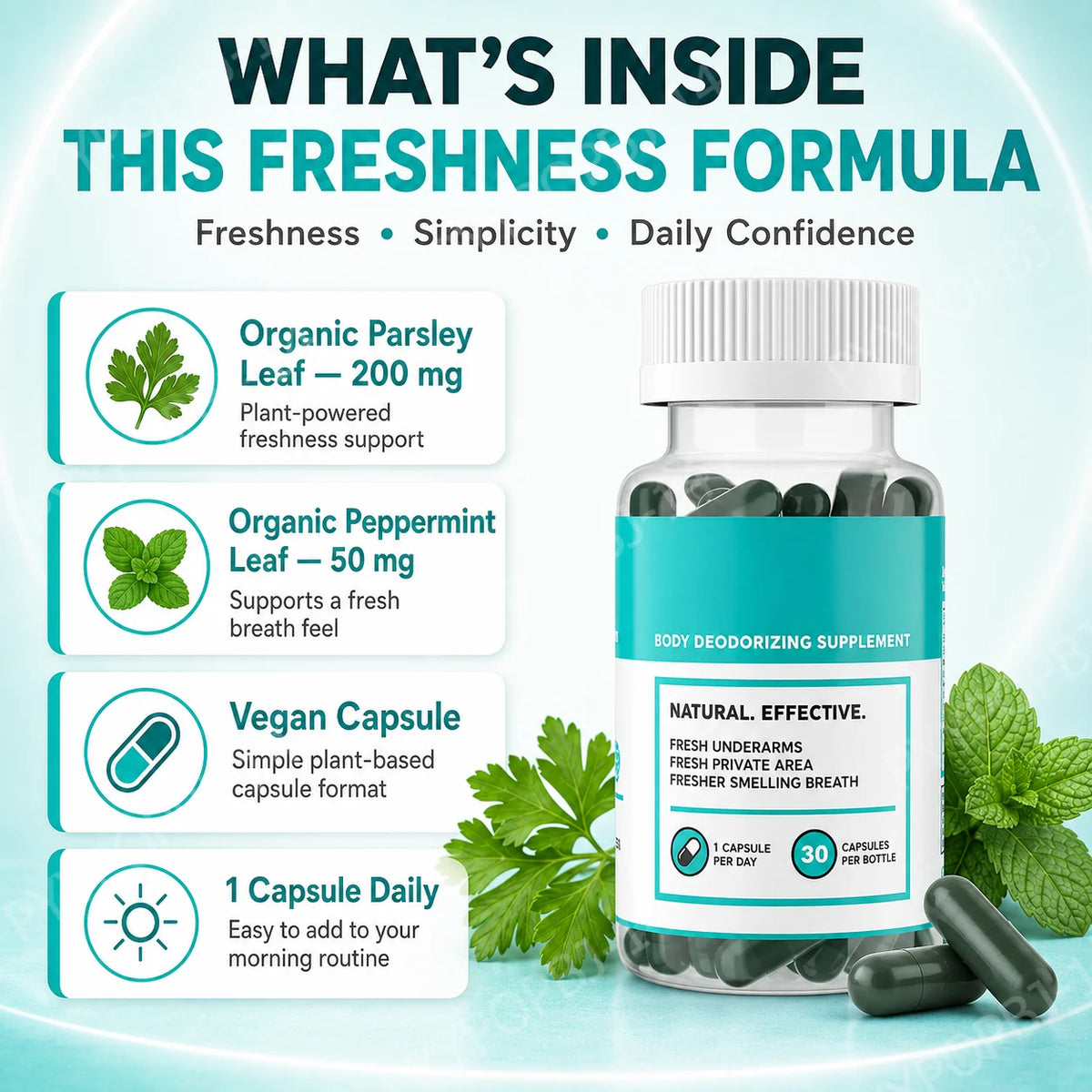 Herbal Freshness Capsules – Organic Parsley & Peppermint 30ct Herbal Supplement Qst