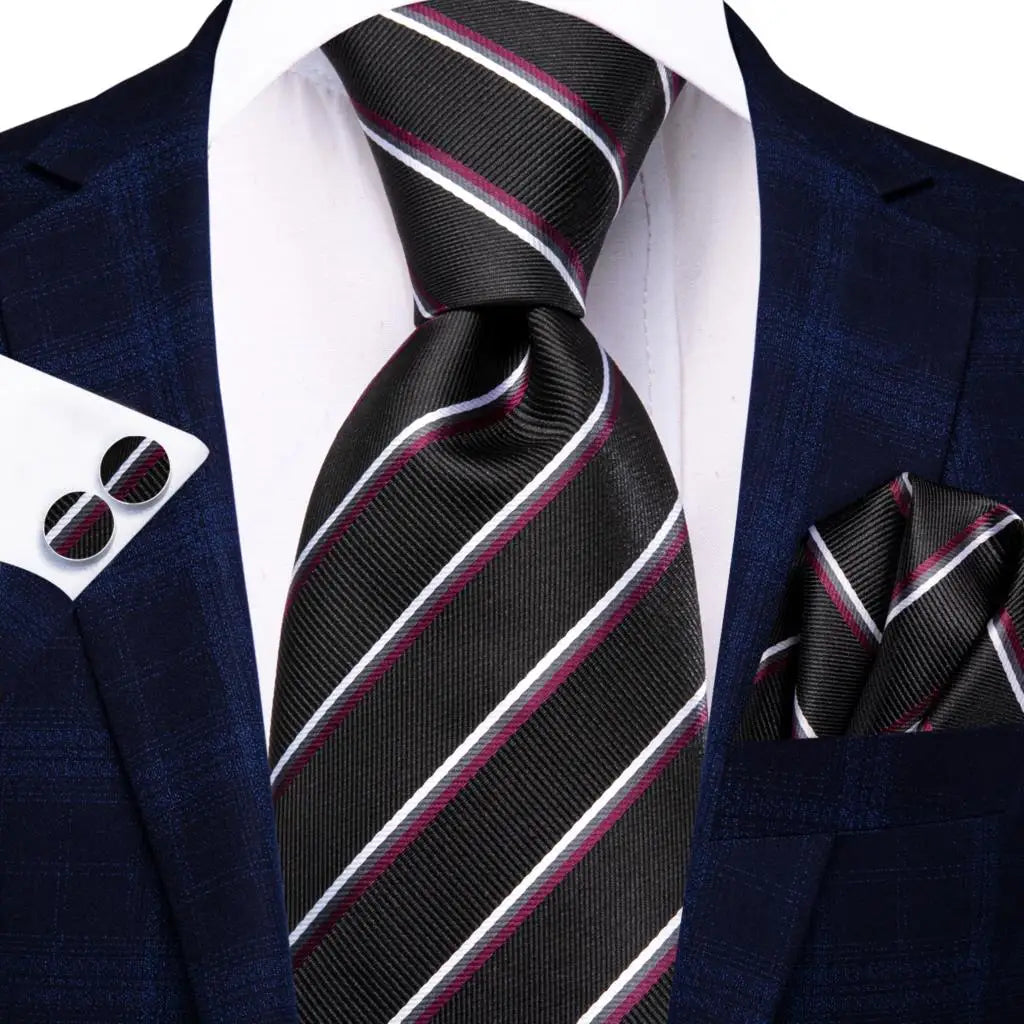 Hi-Tie 100% Silk Black Gold Jacquard Wedding Necktie Set