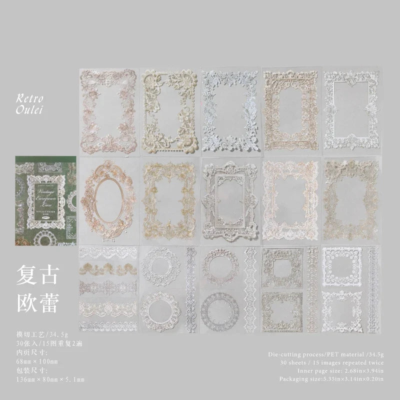 30-Sheet Lace PET Stickers for DIY Scrapbooking & Collage Art Decorative Craft Stickers Qme 1