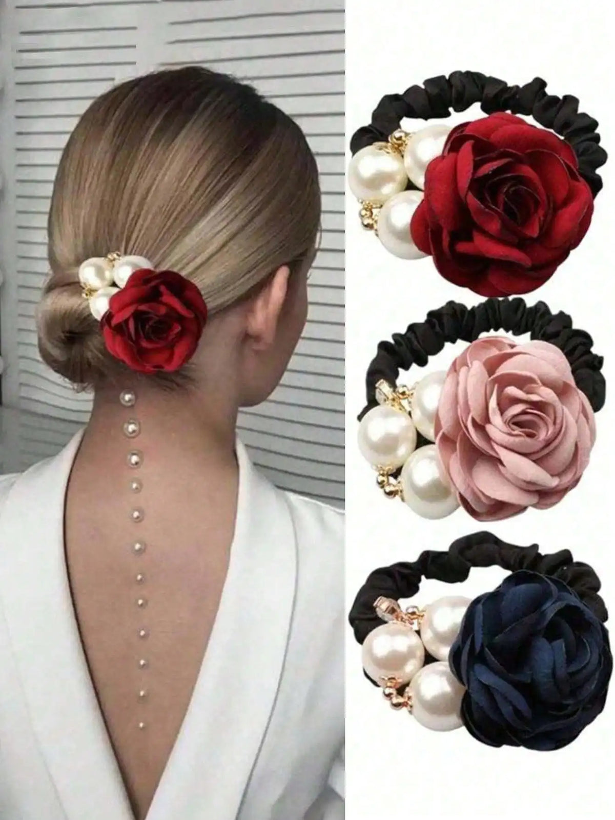 Pearl Camellia Flower Hair Rope Ring – Diamond Studded Floral Hair Rope Ring Qme