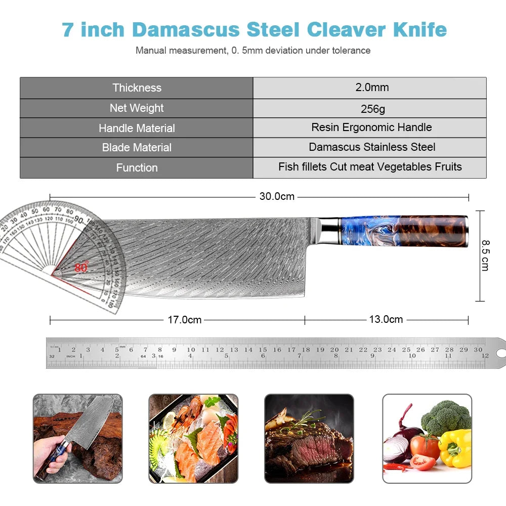 XITUO 7" Damascus Steel Japanese Cleaver Knife | Sharp Butcher Damascus Cleaver Knife Qst