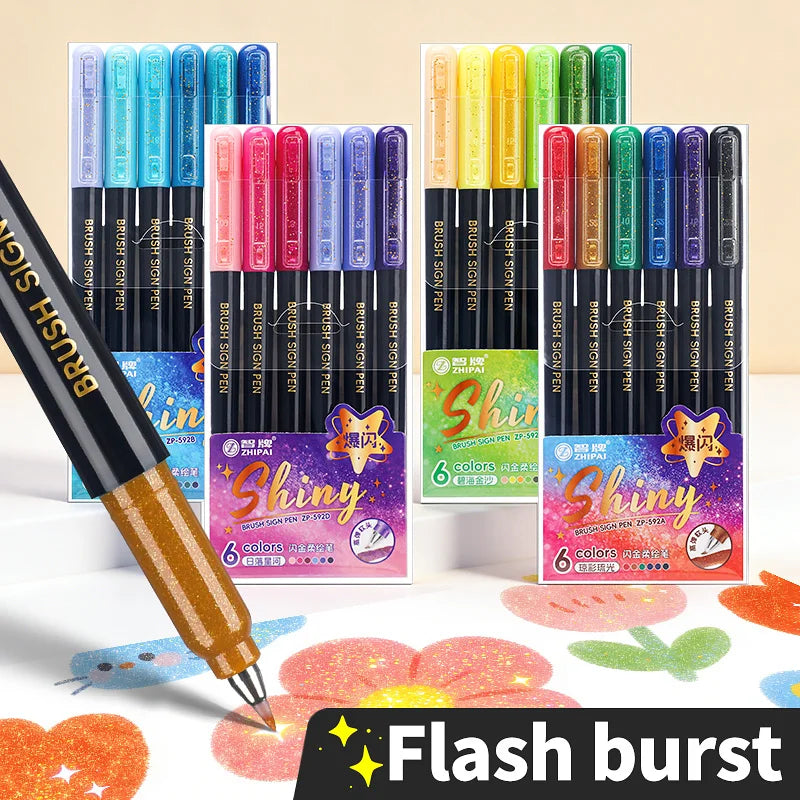 Glitter Calligraphy Markers – 6-Piece Fluorescent Drawing Pen Set Calligraphy Marker Set Qme