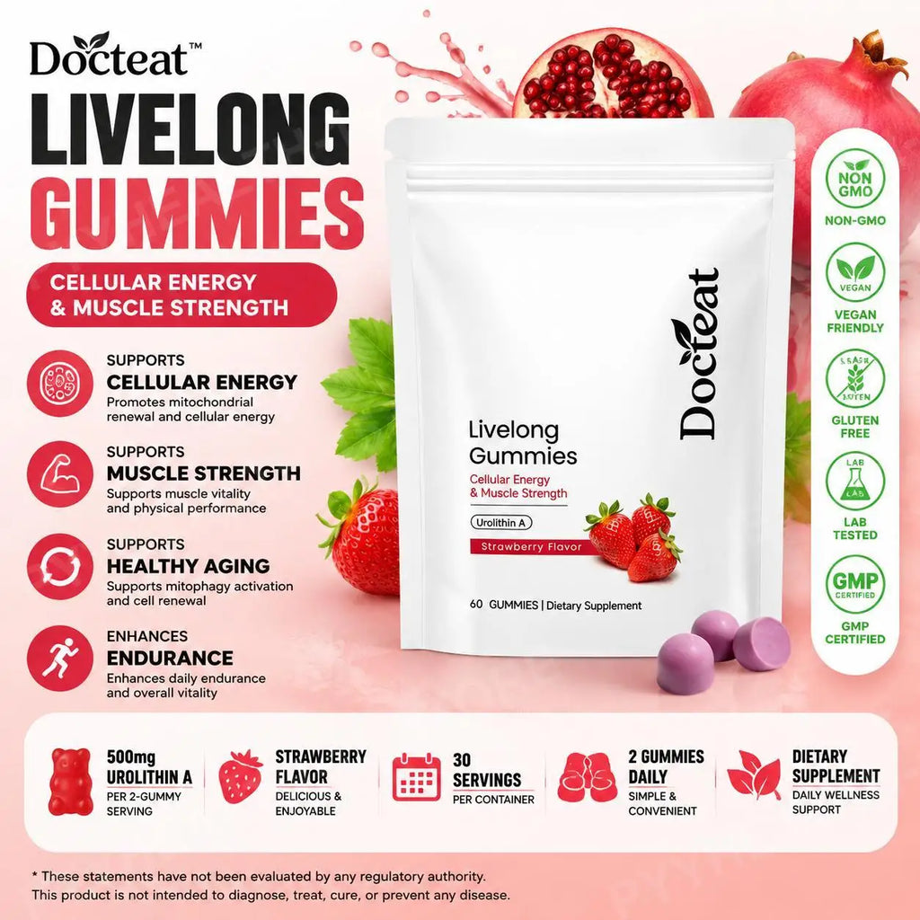 Docteat Urolithin A Gummies 500mg Strawberry – 60 Count Wellness Gummies Qst