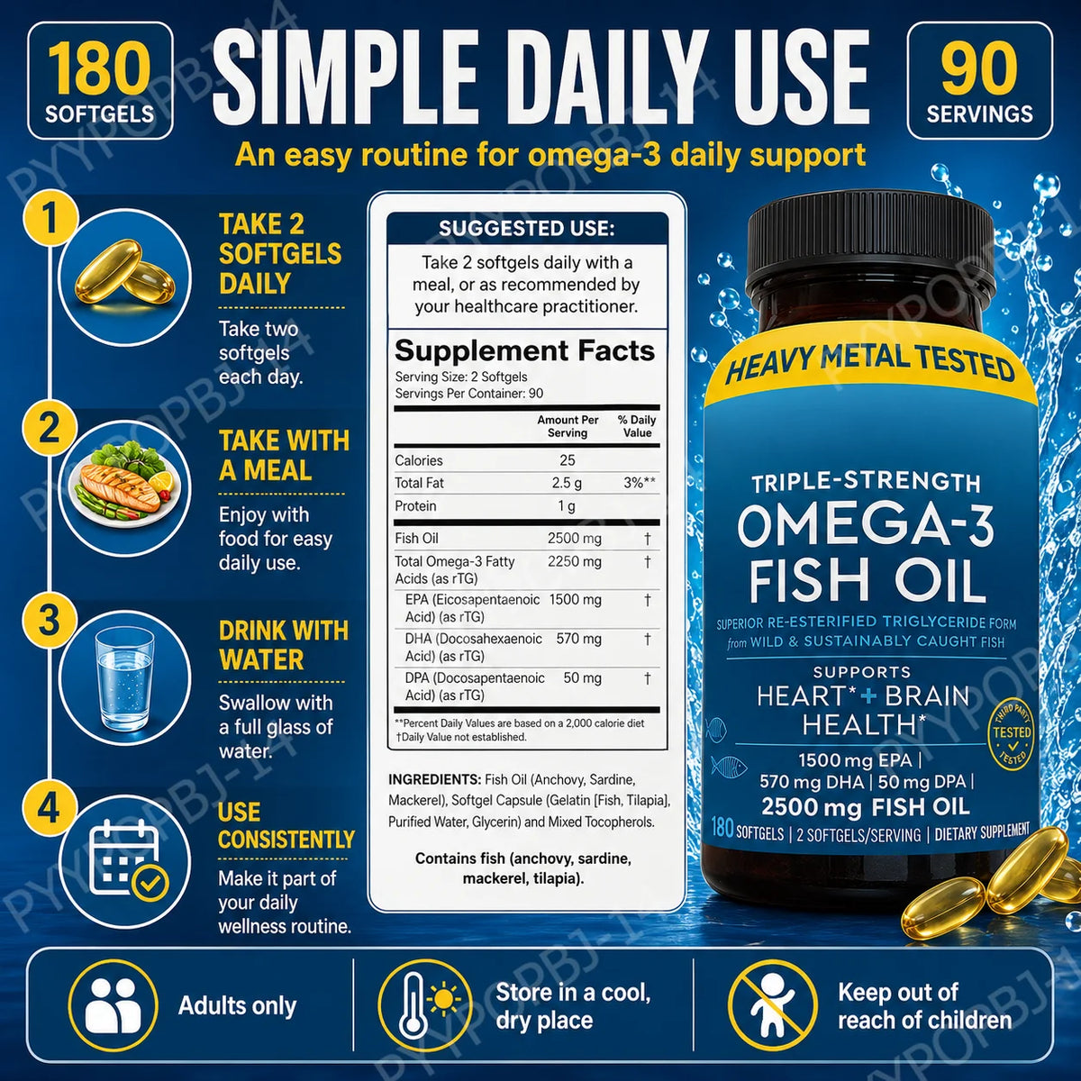 Omega-3 Fish Oil 2500mg Softgels | EPA DHA DPA | 180 Count Omega-3 Supplement Qst
