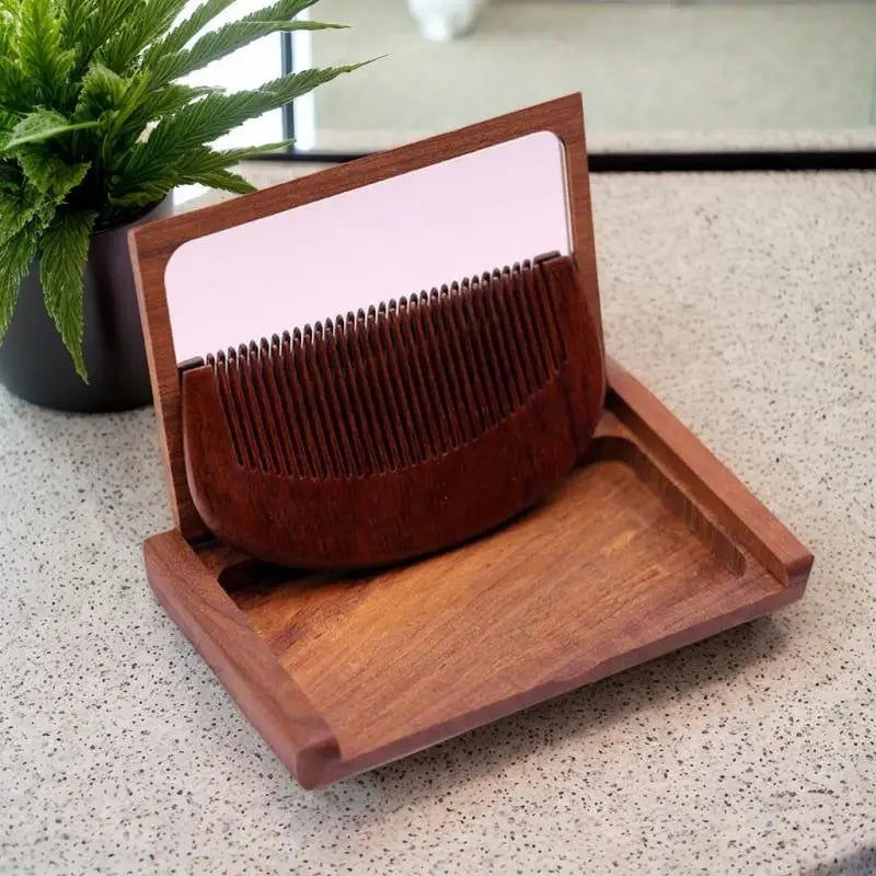 Red Sandalwood 2-in-1 Folding Comb & Mirror Compact Folding Comb Mirror Qme