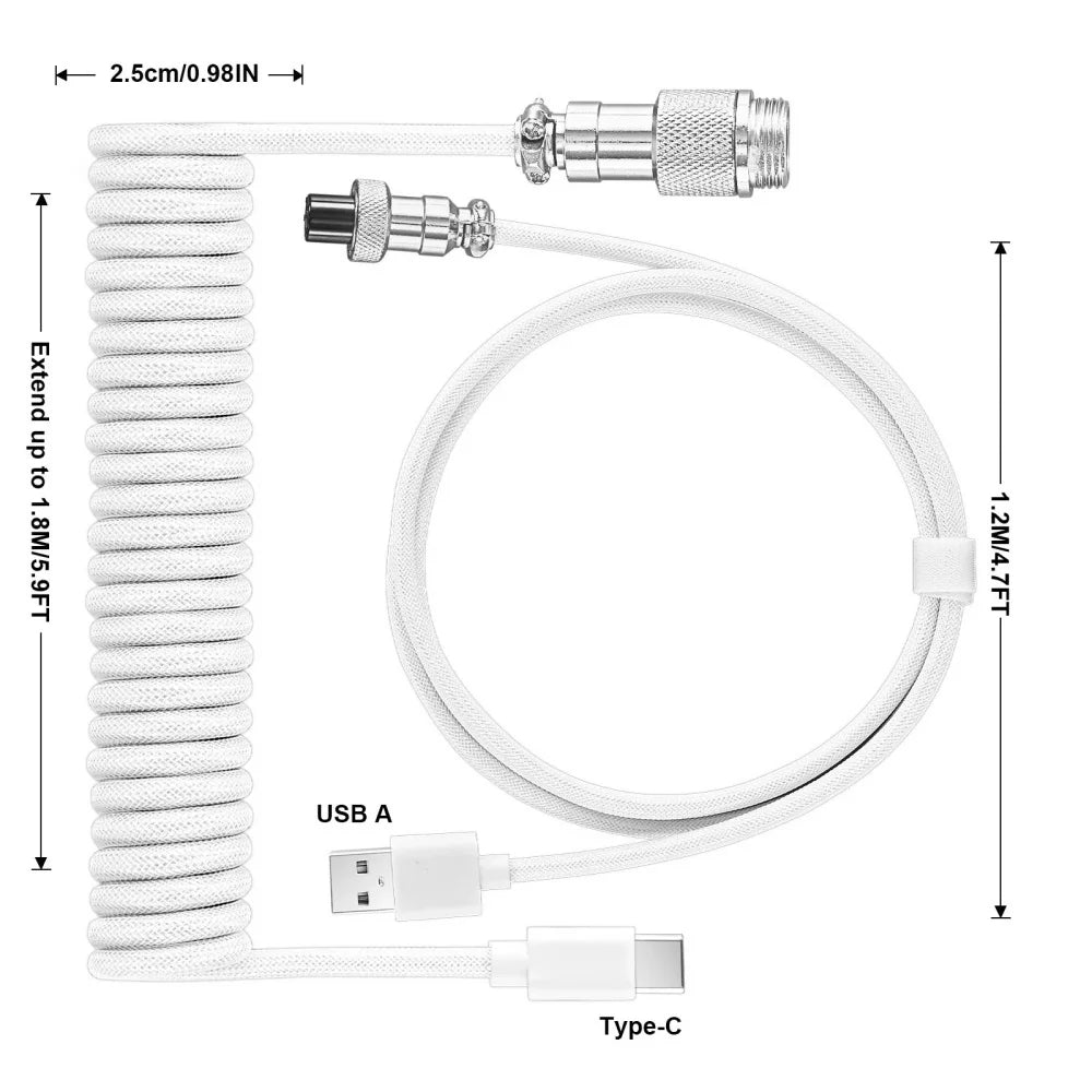 USB-C Coiled Mechanical Keyboard Cable | Braided Spring Spiral Coiled Keyboard Cable Qme