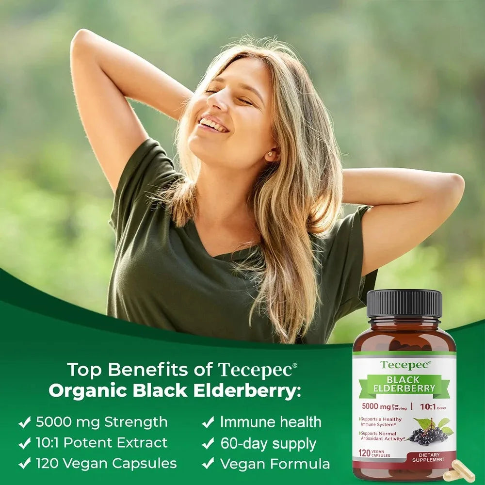 Black Elderberry 5000mg 10:1 Extract – 120 Vegan Capsules Non-GMO Herbal Supplement Qst