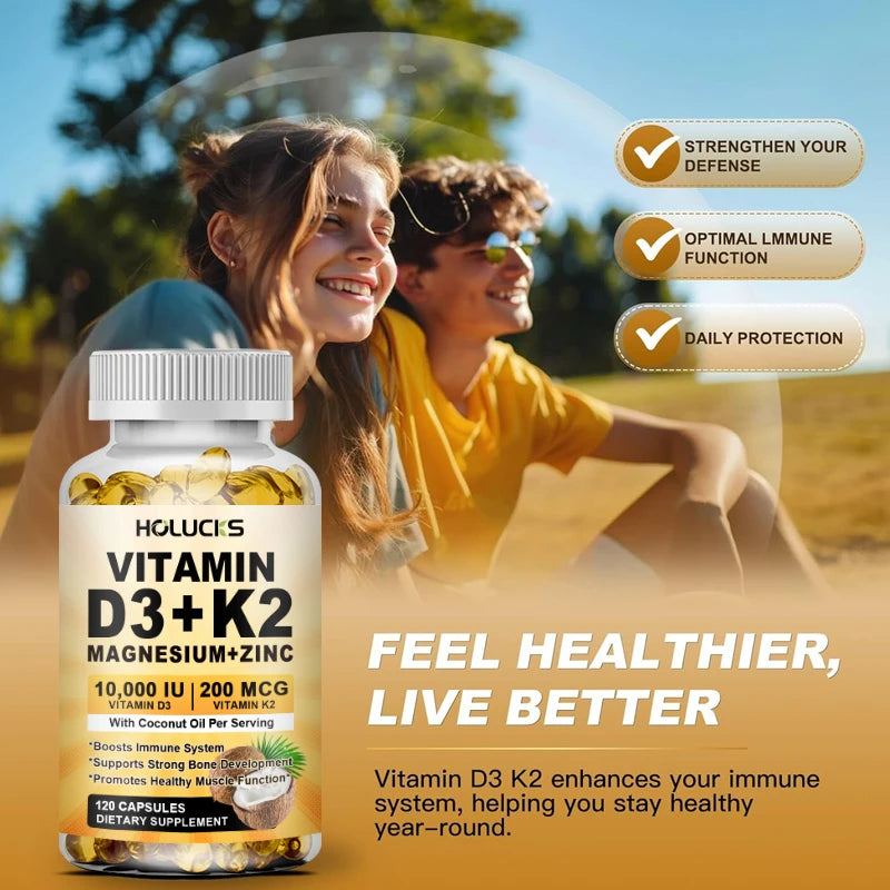 HOLUCKS Vitamin D3 10000IU K2 MK-7 Magnesium Zinc Capsules Vitamin Supplement Qst