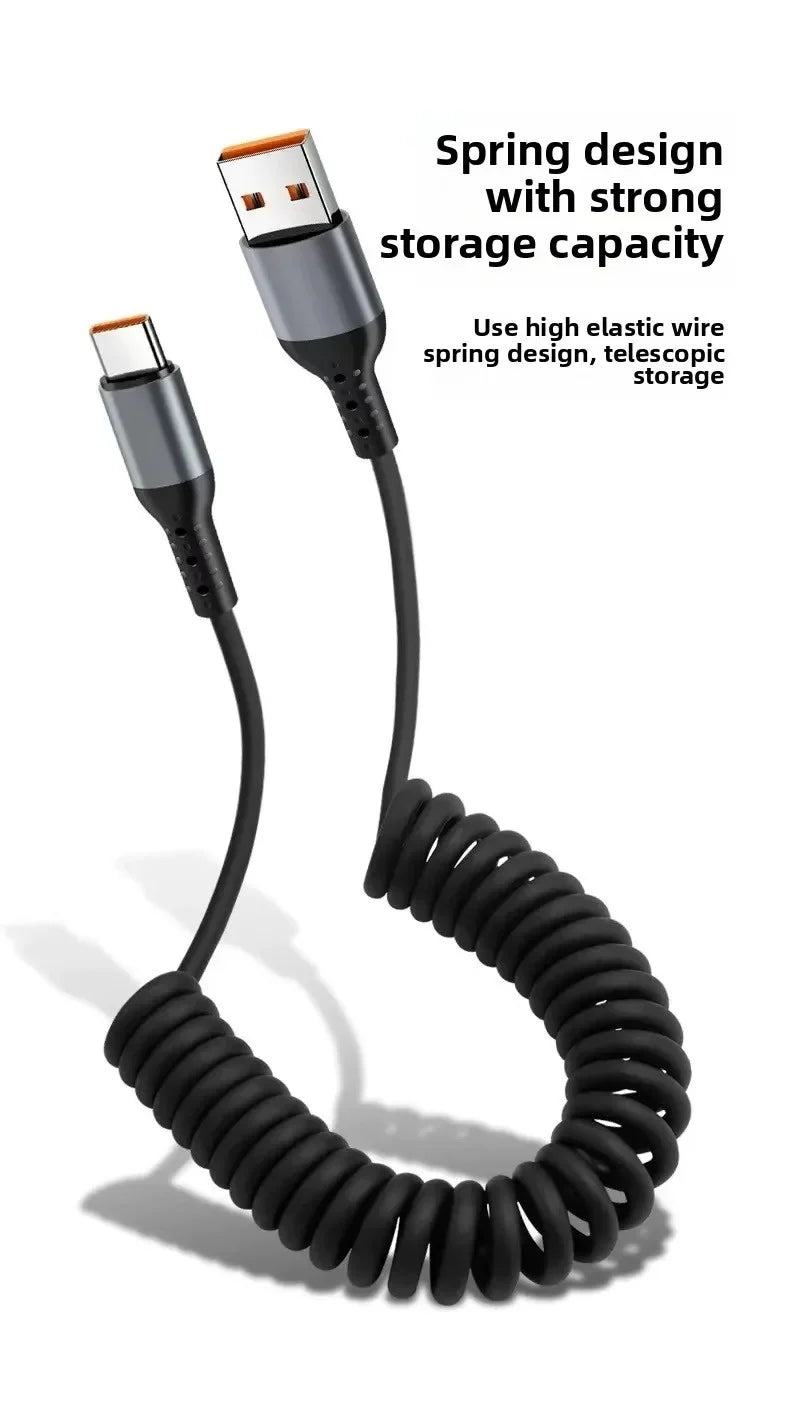 66W USB-C Spring Coil Fast Charging Cable 6A | iPhone & Samsung USB-C Charging Cable Qme