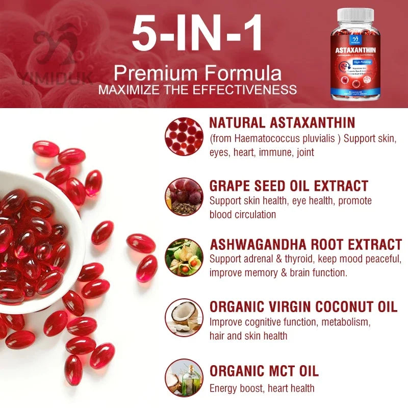 Yimiduk Astaxanthin 24mg – Grape Seed Oil & Ashwagandha, 120ct Antioxidant Supplement Qst