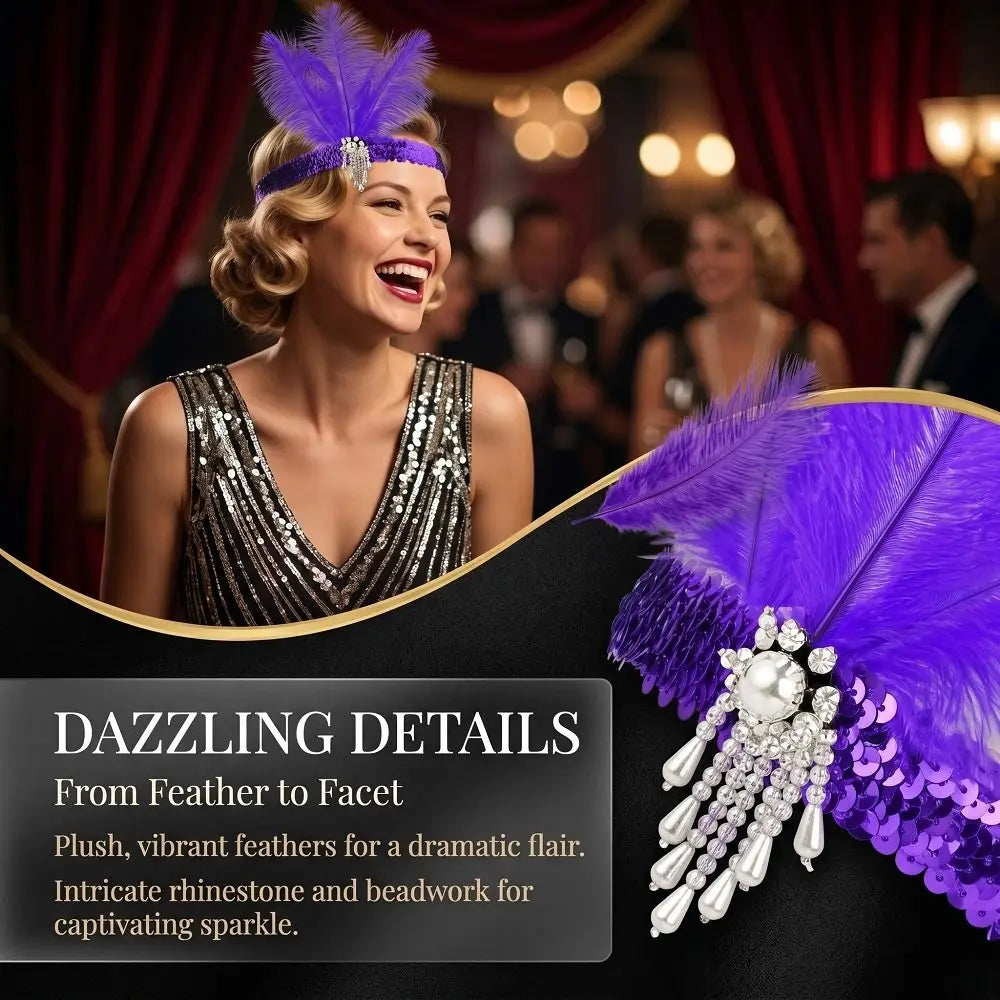 Retro 1920s Feather & Sequin Headband – Vintage Hair Hoop Feather Headband Qme