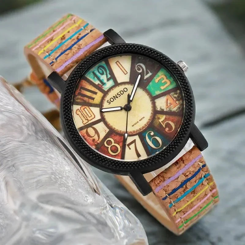 Women's Wood Grain Dial Retro Leather Watch Set – 2 Piece Women's Watch Set Qme