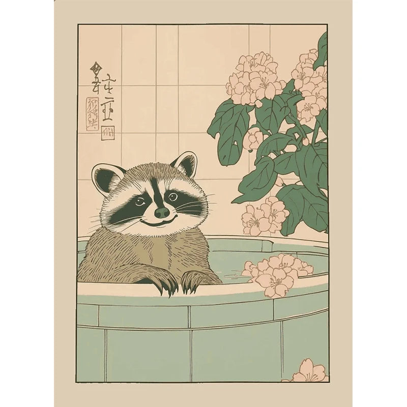 Japanese Bathroom Cute Animals Canvas Wall Art Poster Unframed Canvas Wall Art Qst