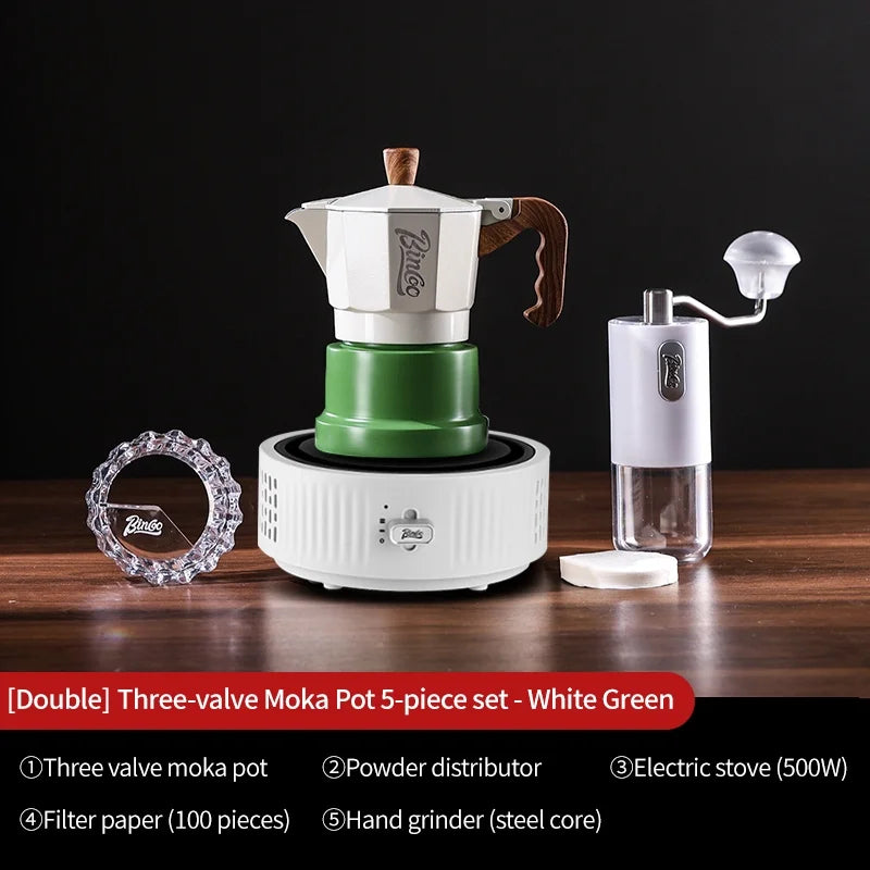 Bincoo 3-Valve Moka Pot Espresso Set with Grinder & Stove Espresso Coffee Set Qst heibai