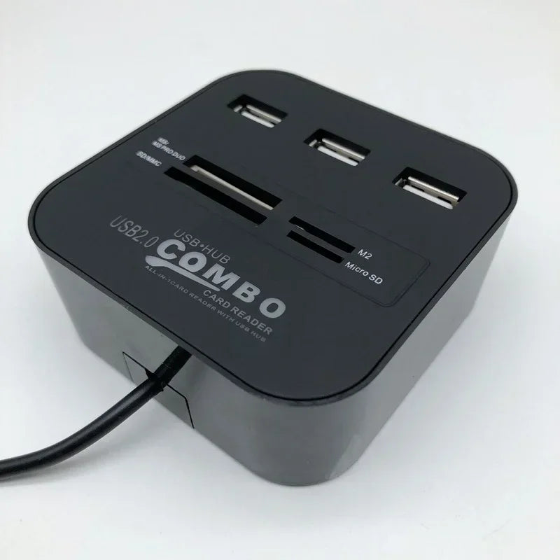 USB 2.0 Hub 3-Port with Card Reader Mini Combo Splitter USB Hub & Card Reader Qme black