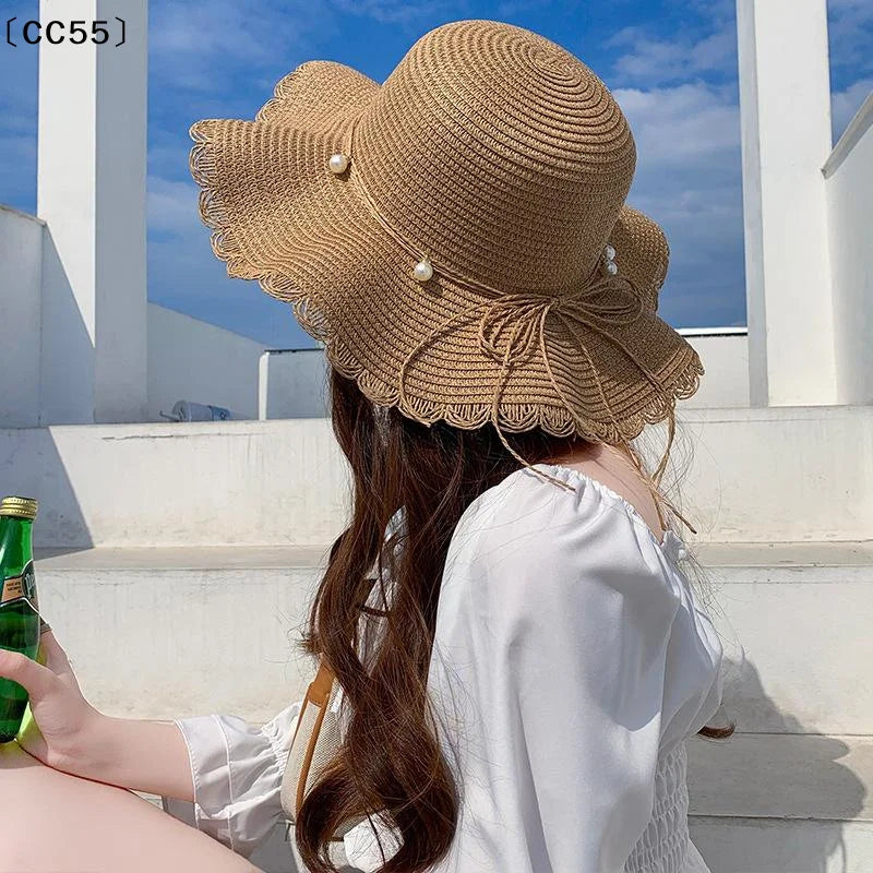 French Pearl Strap Wide Brim Straw Hat – Foldable Women's Sun Hat Wide Brim Straw Hat Qst