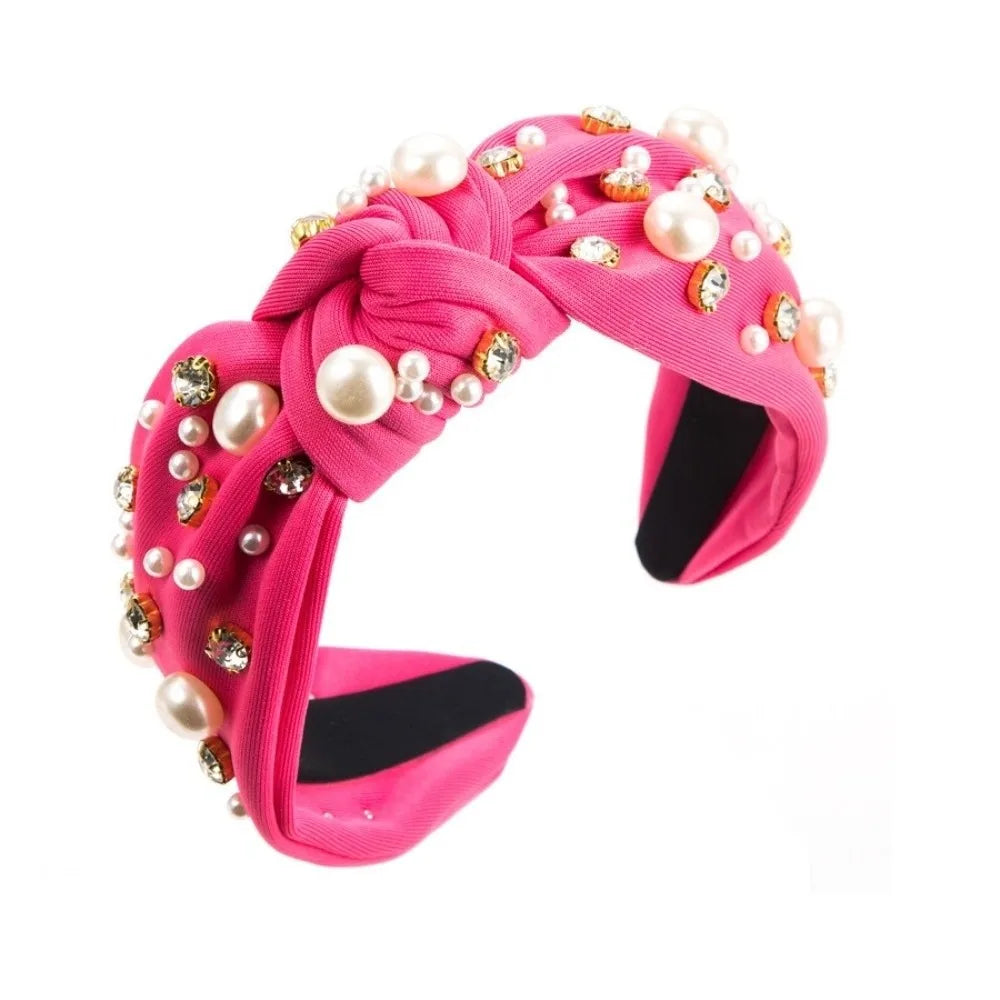 Rhinestone Pearl Wide Headband Hair Hoop – 12 Colors Pearl Rhinestone Headband Qme Rose Red