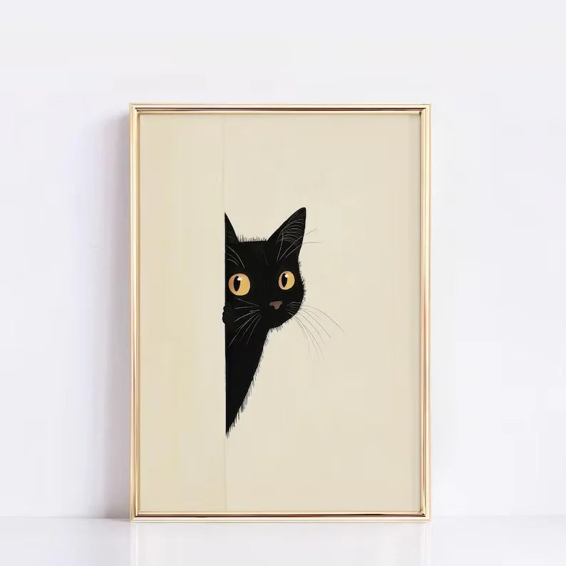 Peeping Black Cat Canvas Wall Art – Funny Minimalist Poster Canvas Wall Art Qst