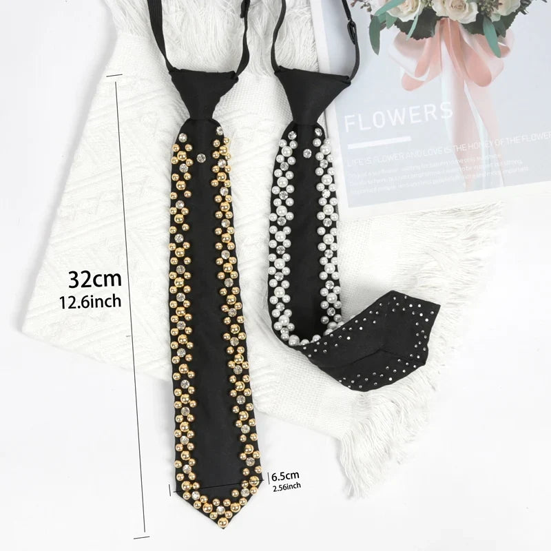 Women's Pearl Beaded Black Necktie – Handmade Fashion Tie Beaded Necktie Qme