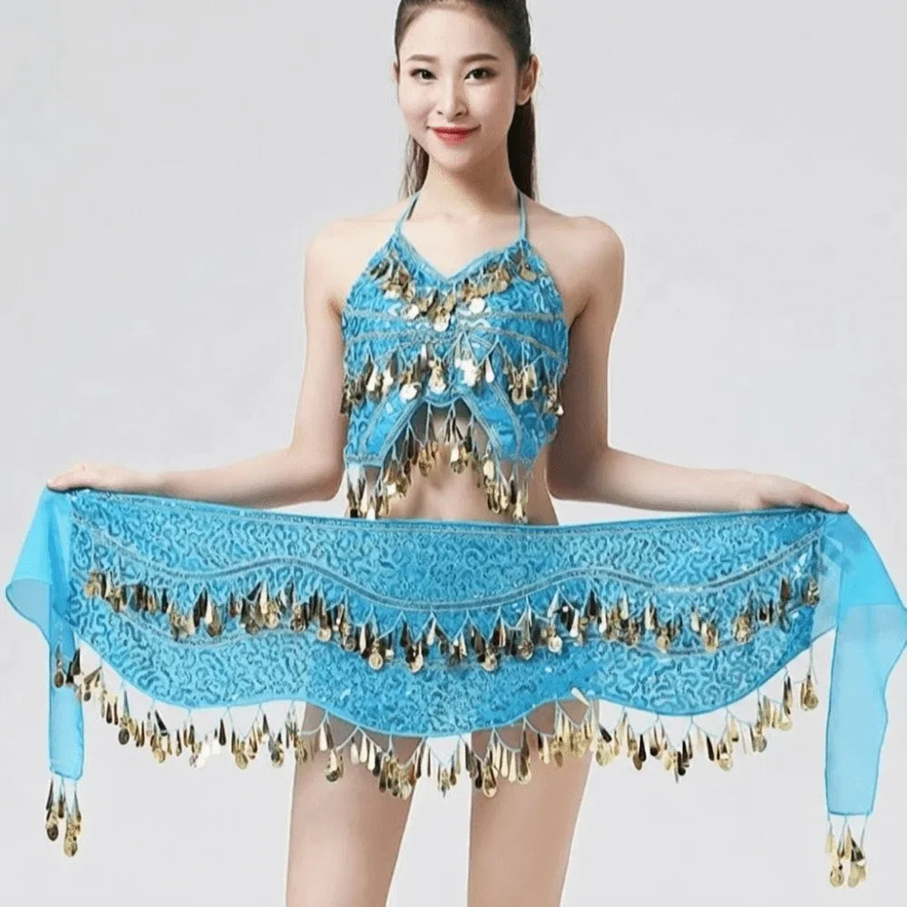 Glitter Sequin Belly Dance Waist Chain with Long Tassels Belly Dance Waist Chain Qme