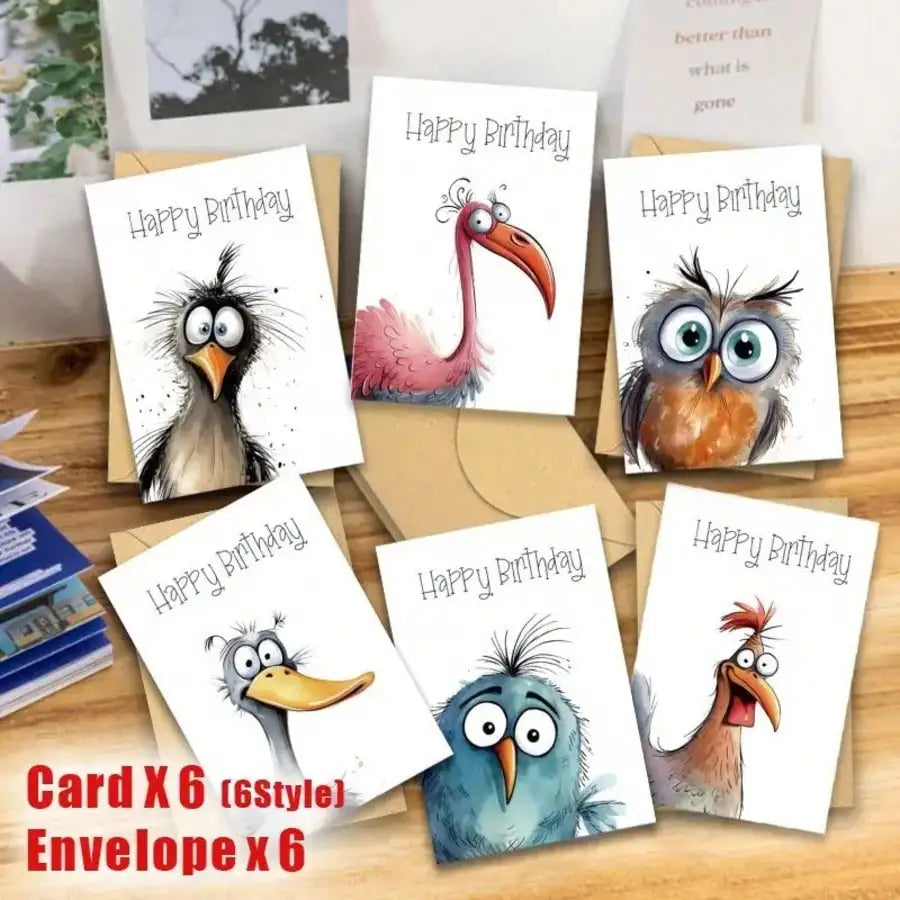 Funny Watercolor Bird Greeting Cards Set – 6 Cards & Envelopes Greeting Cards Set Qme