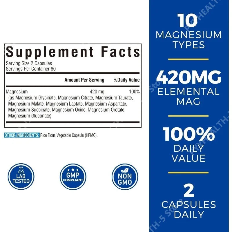 10-in-1 Chelated Magnesium Complex – 120 Capsules | Bone & Heart Magnesium Supplement Qst