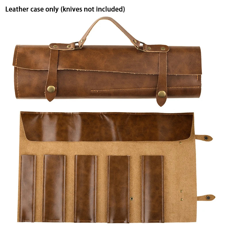 XITUO Genuine Leather Chef Knife Bag – 5-Slot Portable Roll Knife Roll Bag Qst