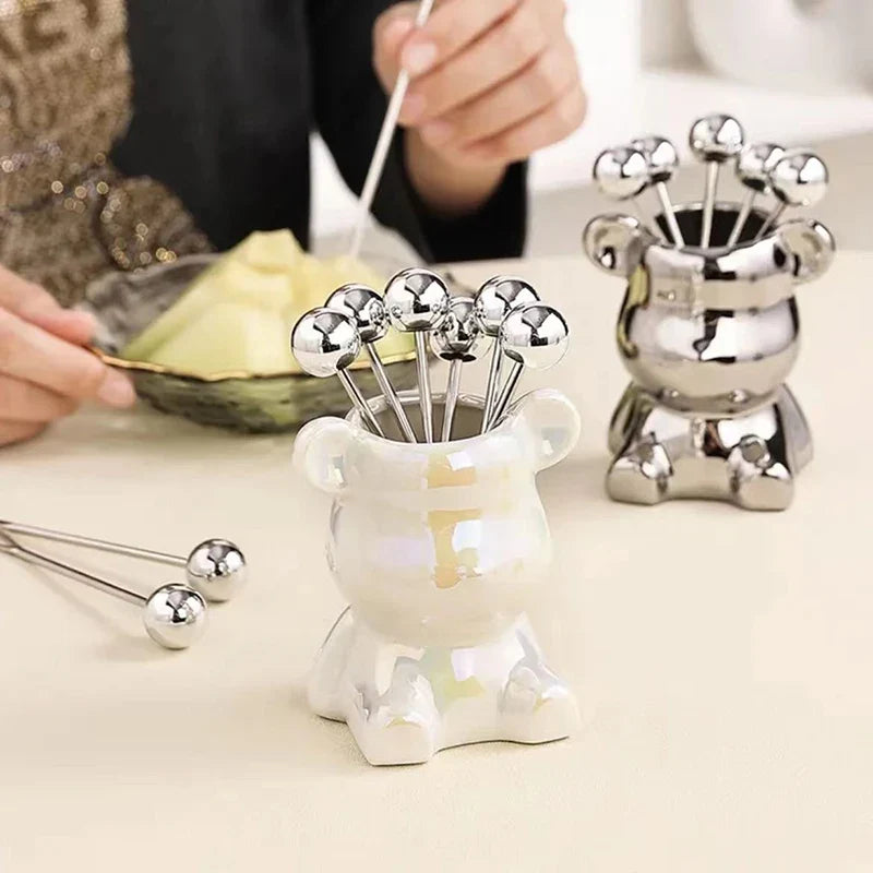 Cute Bear Stainless Steel Dessert Forks with Ceramic Storage Jar Dessert Fork Set Qme