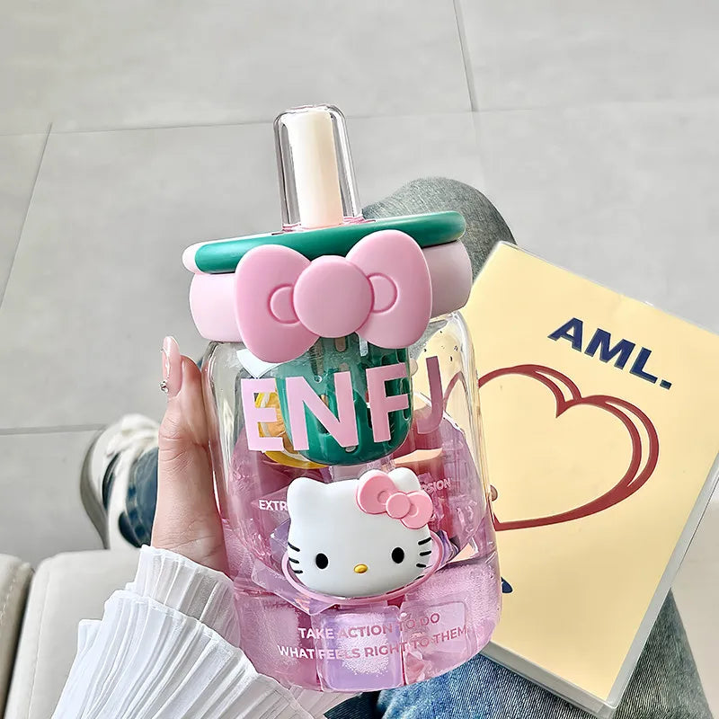 Hello Kitty Glass Cup with Straw & Tea Separator | Cute Office Cup Glass Tea Cup Qme