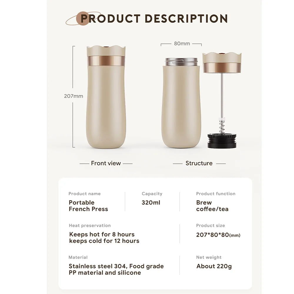 RECAFIMIL 12oz Portable French Press Travel Mug – Camping French Press Travel Mug Qst